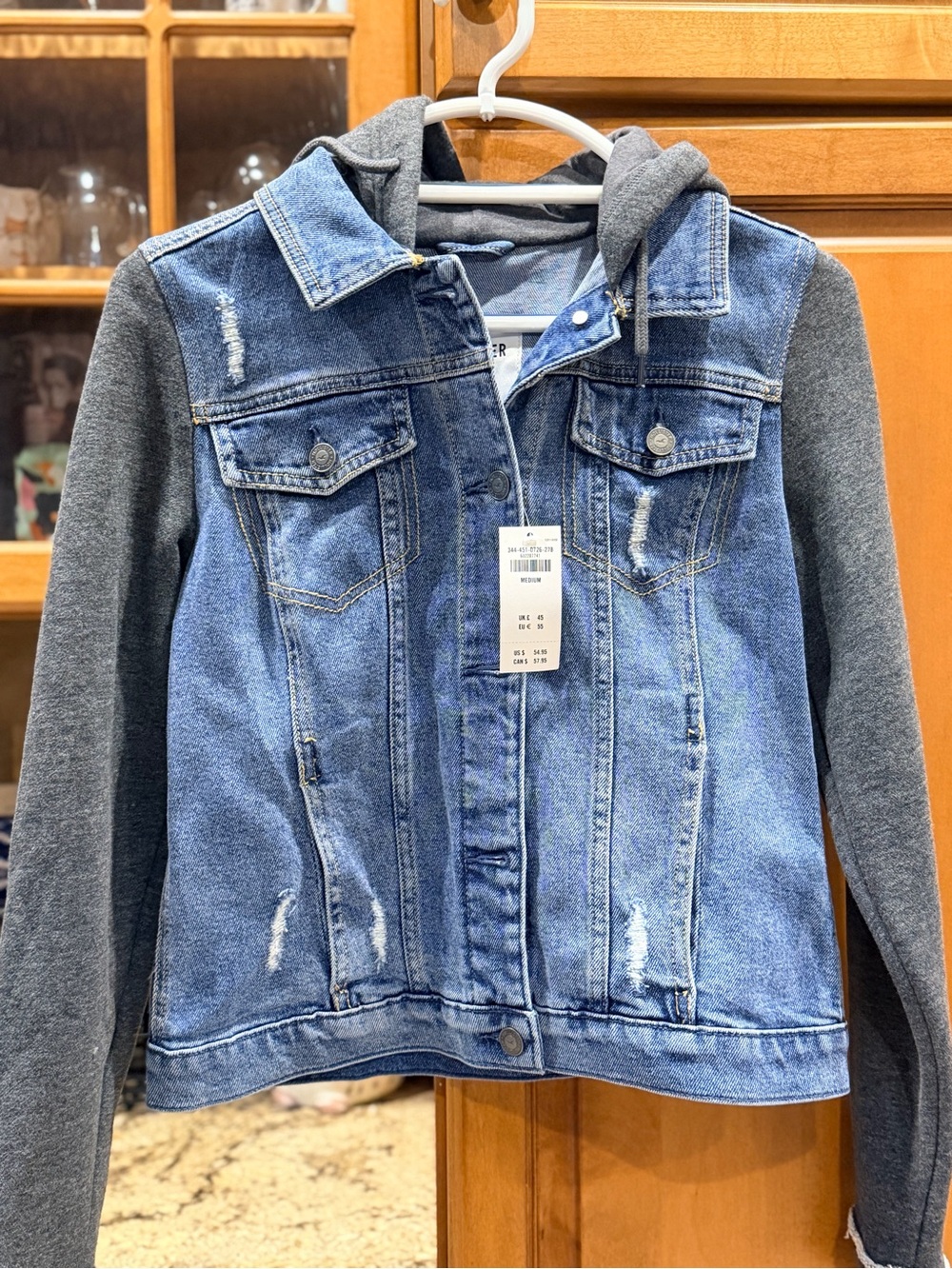 Hollister Blue Denim Jacket with Gray Knit Sleeves & Hood